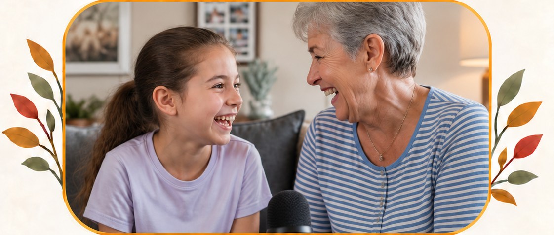 A grandmother and granddaughter laughing together during a recorded conversation
